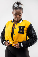 Mustard and Black Cropped Letterman Jacket