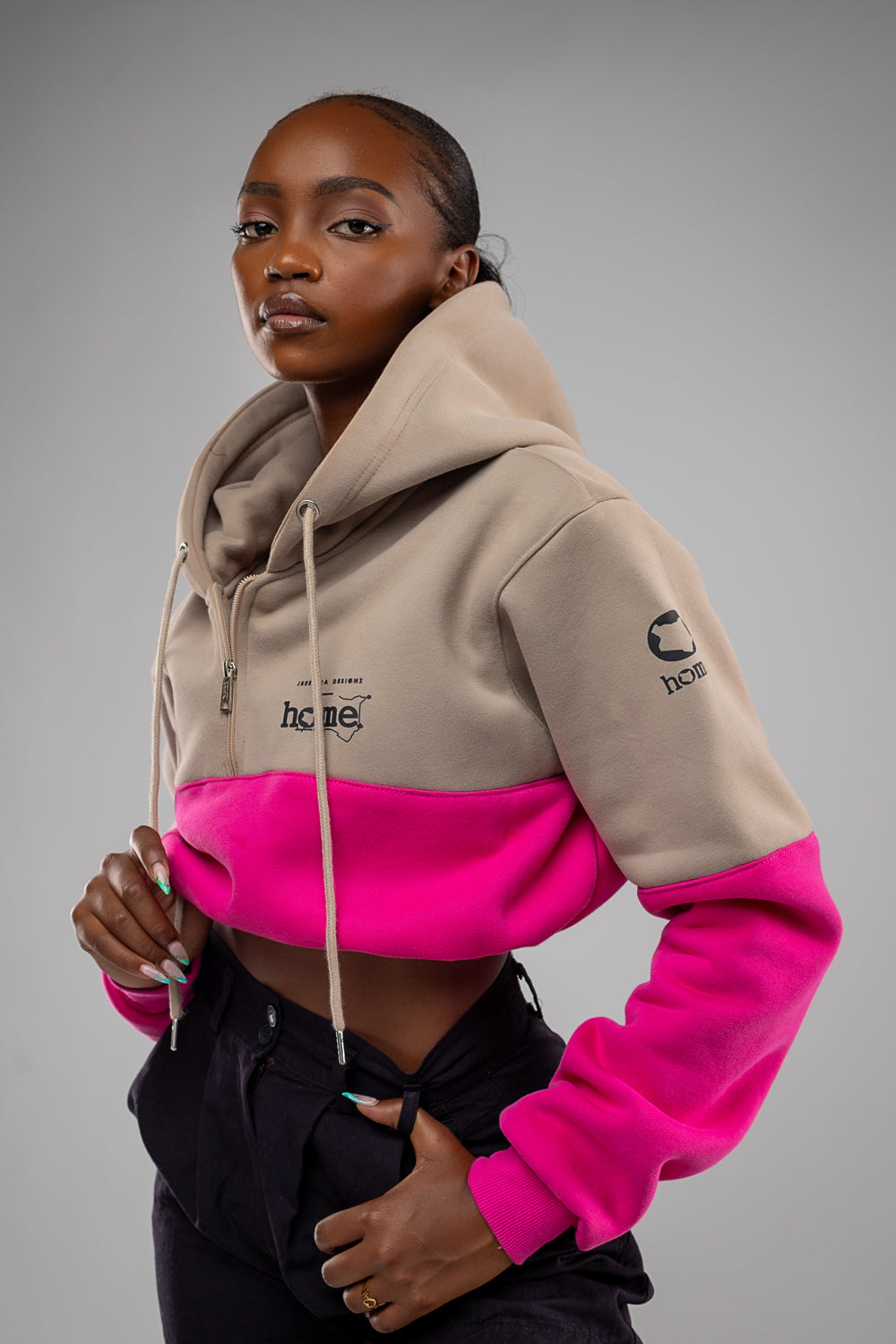 Rodie Cropped Hoodie - Cedar on Hot Pink