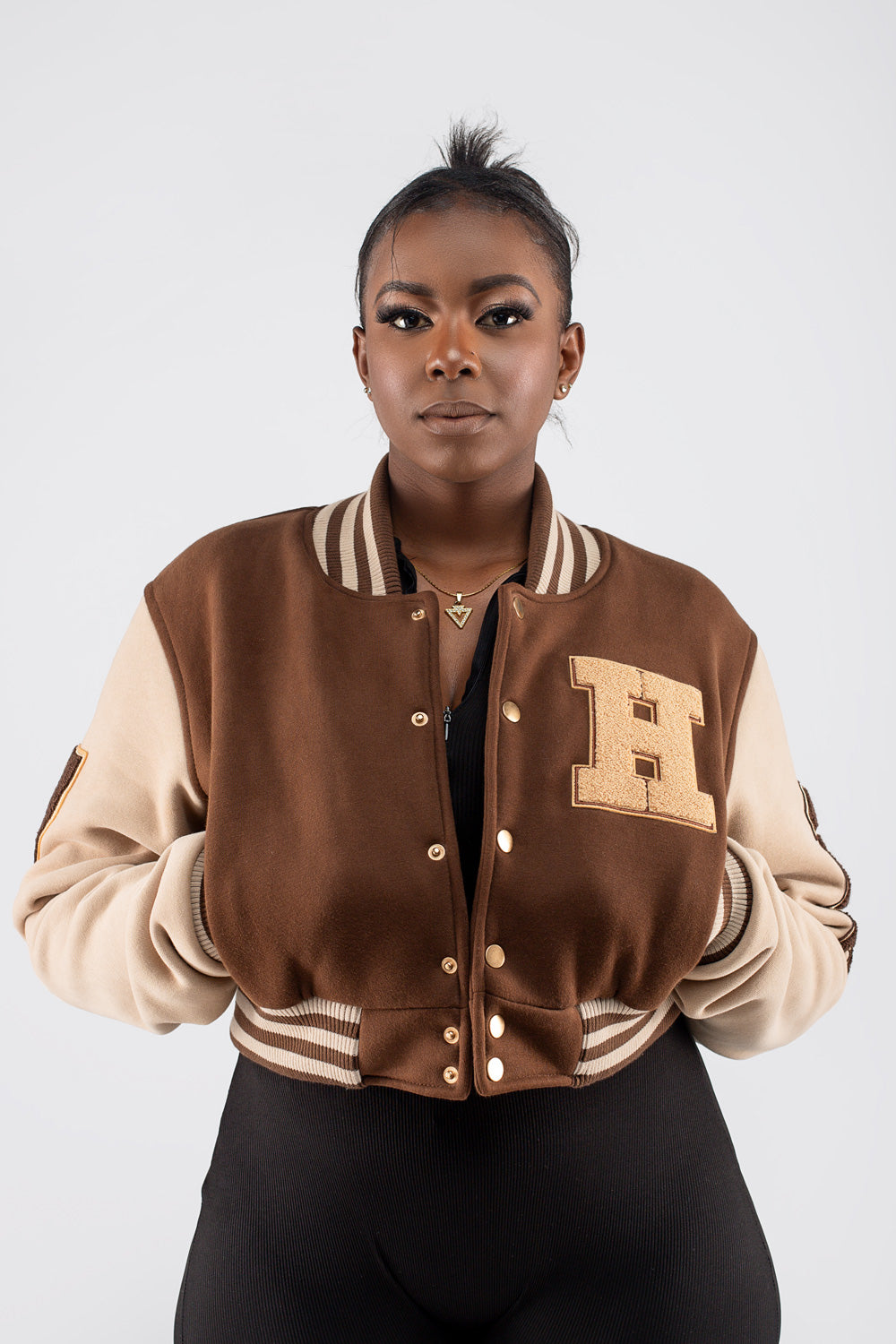Dark Brown and Light Brown Cropped Letterman Jacket