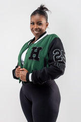 Rich Green and Black Cropped Letterman Jacket