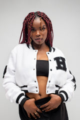 All White Cropped Letterman Jacket