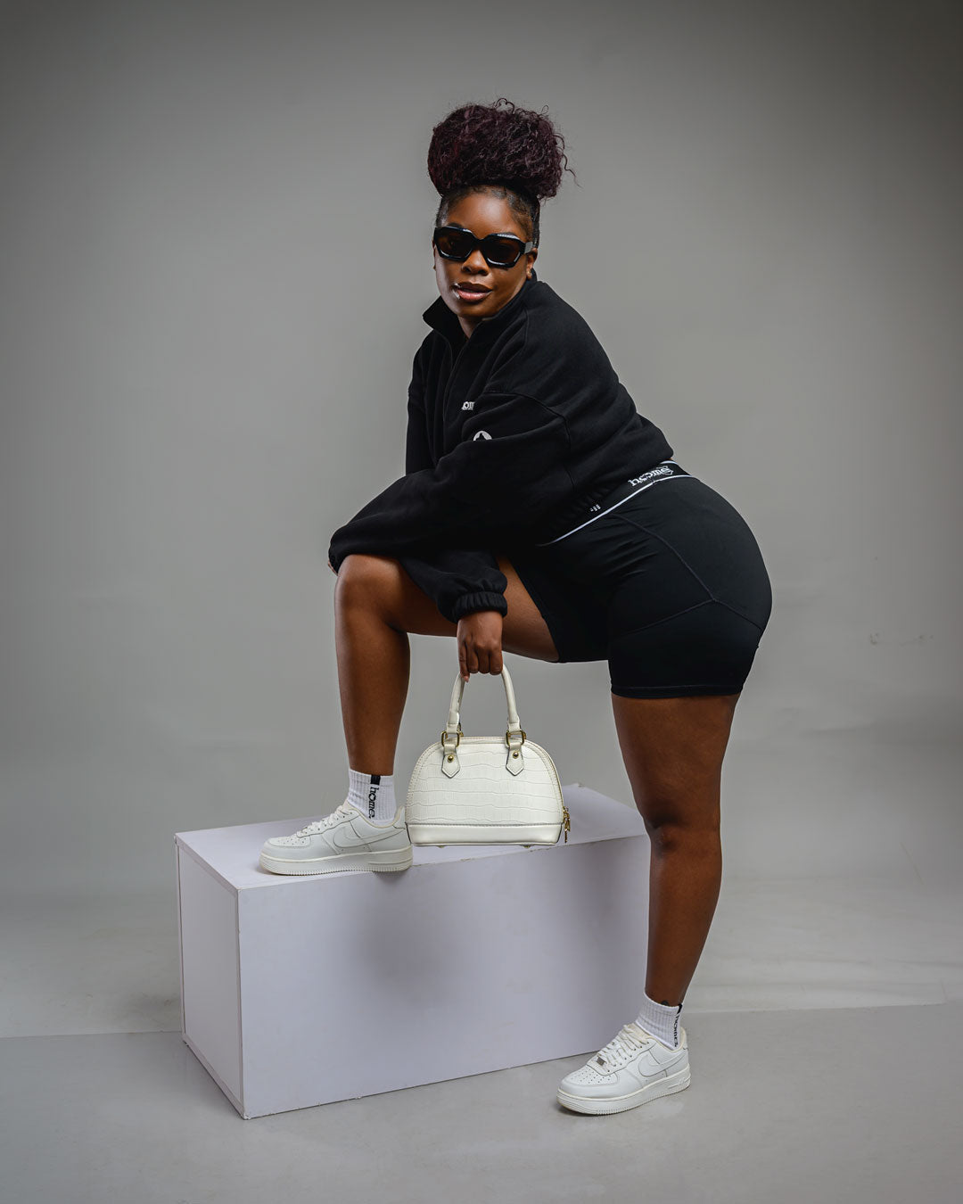 Black Moda Cropped Jacket (Velvet Fabric) + Black Banded Bike Short Set
