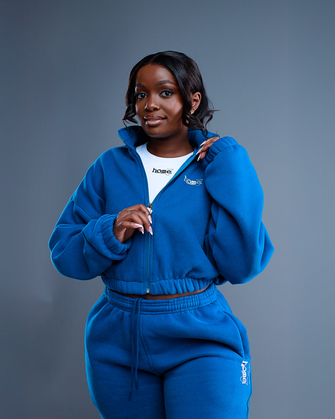 Moda Cropped Zip-Up Sweatshirt Jacket – Teal Blue (Heavy Fabric)