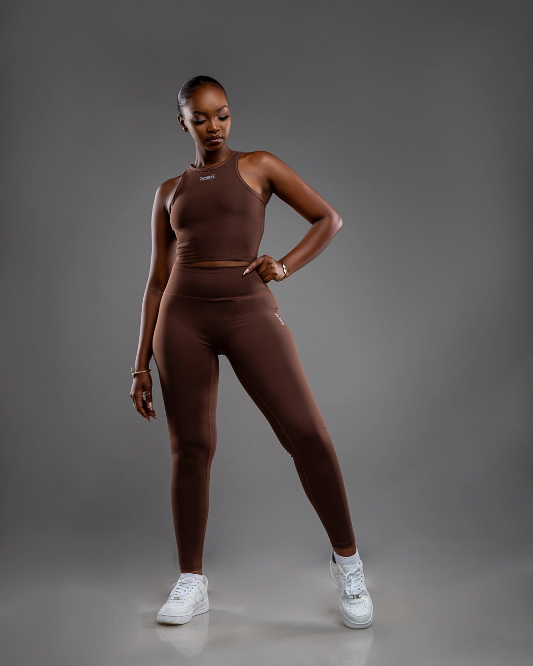 Chocolate Brown Cheeky Racer Top and Cheeky Hi-Rise Leggings Set