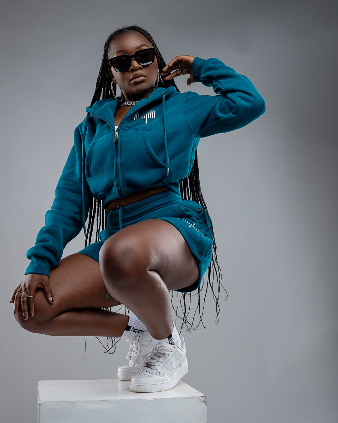 Cropped Zip-Up Hoodie - Deep Aqua (Heavy Fabric)