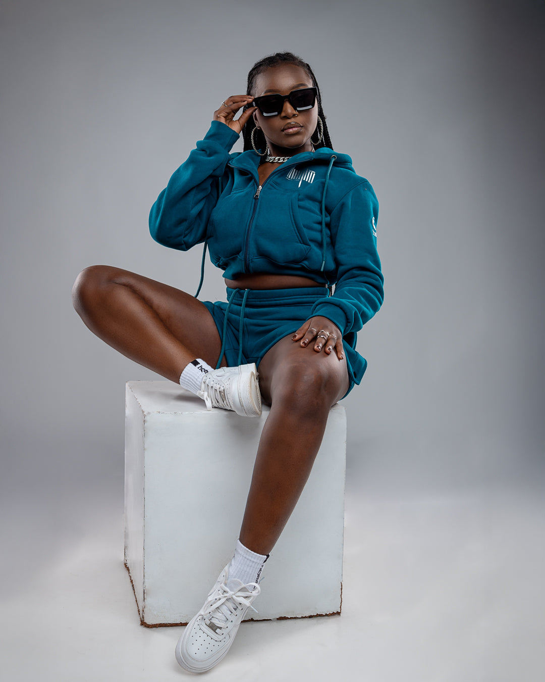 Cropped Zip-Up Hoodie - Deep Aqua (Heavy Fabric)