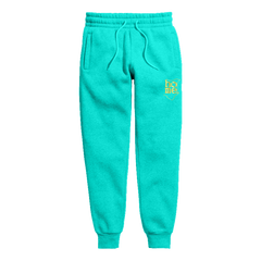 home_254 KIDS SWEATPANTS PICTURE FOR TURQUOISE BLUE IN HEAVY FABRIC WITH GOLD CLASSIC PRINT