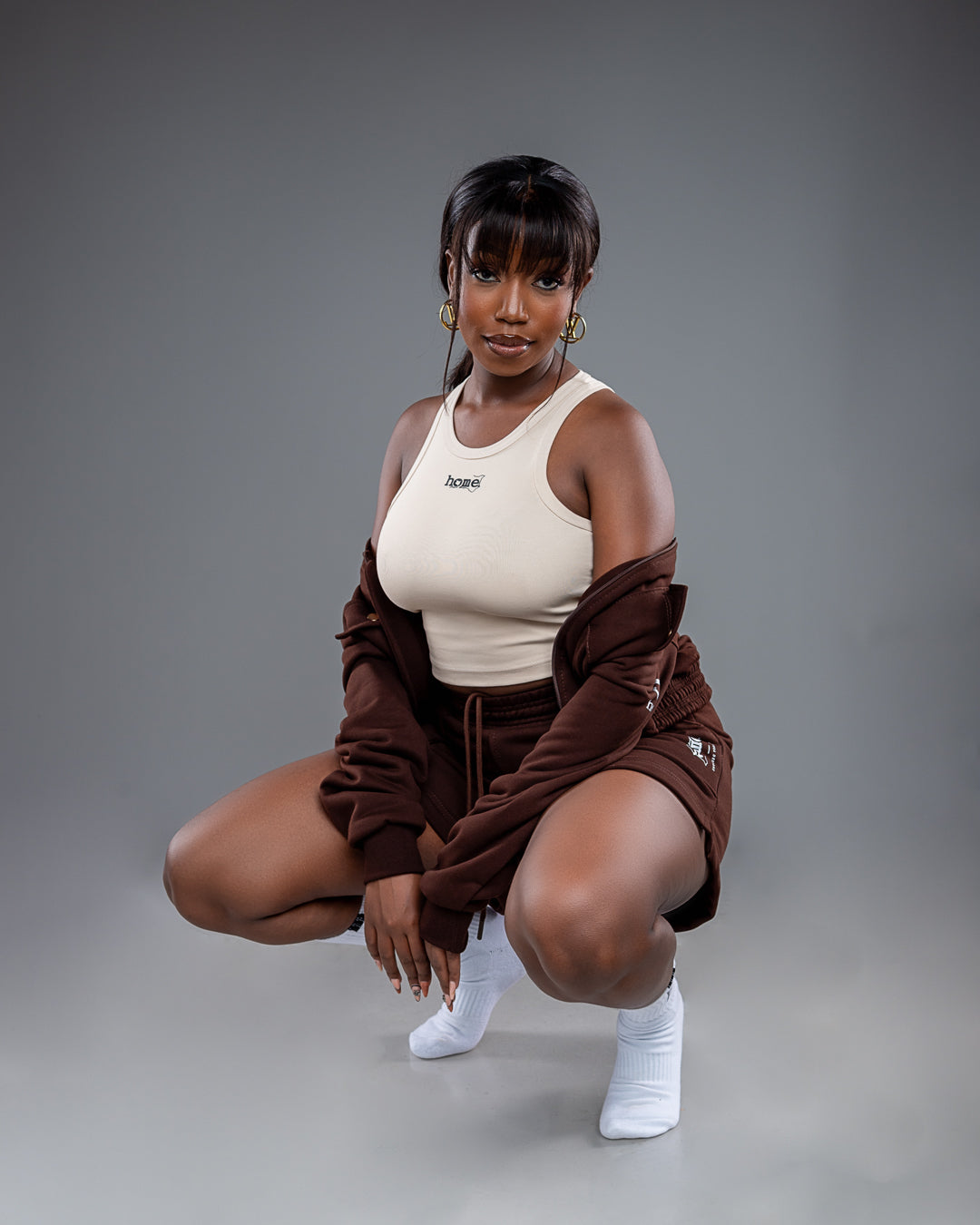 Hickory Brown Kami Jacket + Light Brown Mushie Vest Top + Hickory Brown Cora Shorts Set