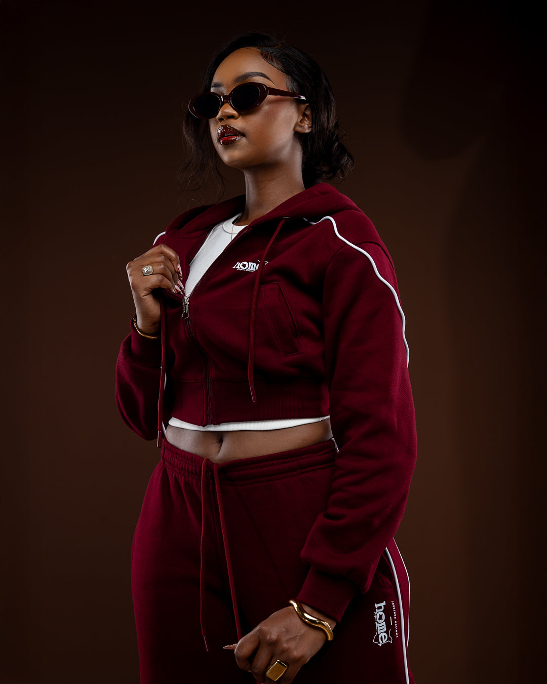 Cherie Crop Zipped Hoodie - Maroon (Velvet Fabric)