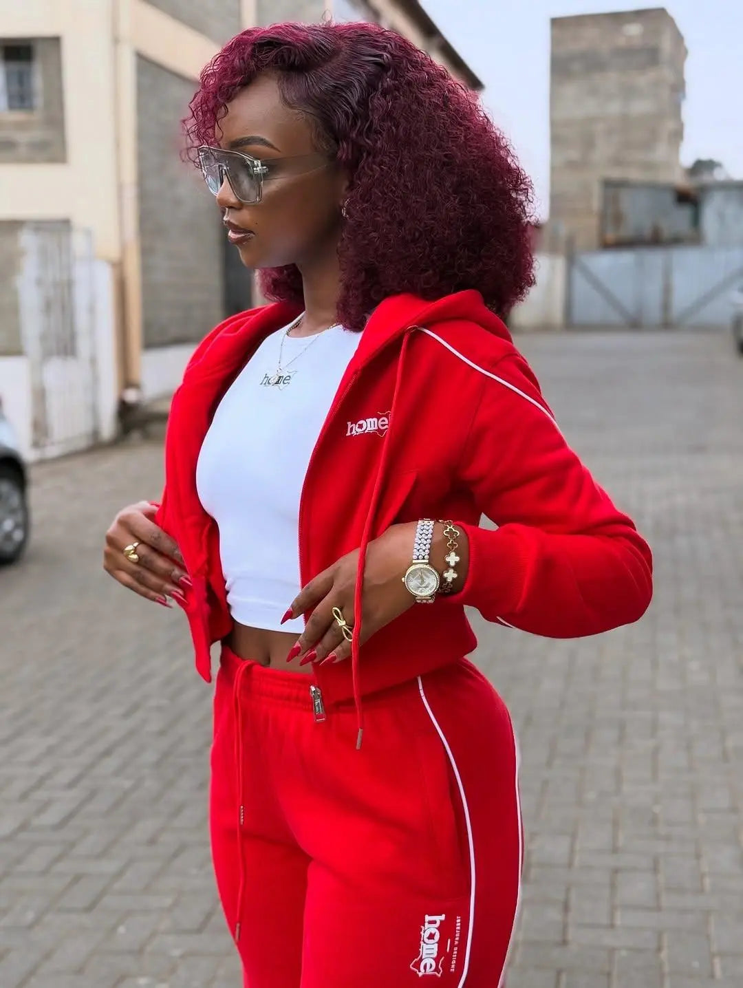 Cherie Cropped Zipped Hoodie + Cherie Pants Matching Set - Red (Heavy Velvet Fabric)