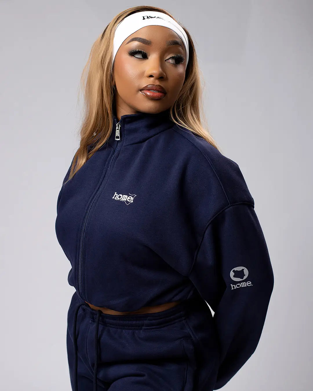 Moda Cropped Zip-Up Sweatshirt – Navy Blue (Heavy Velvet Fabric)