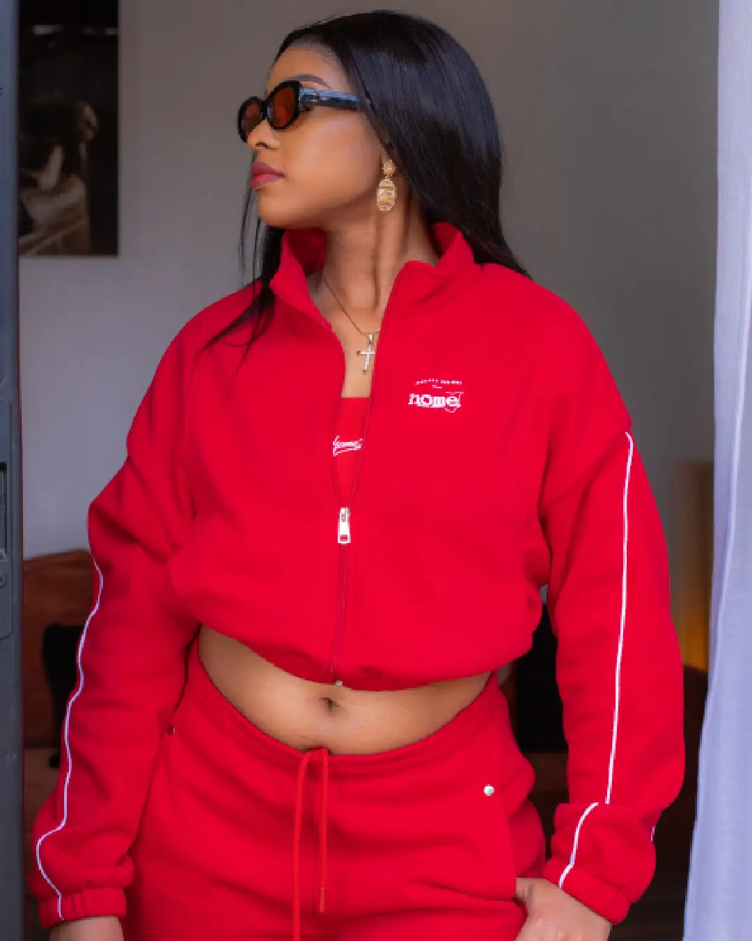 Cherie Moda Cropped Zipped Jacket - Red (Heavy Velvet Fabric)
