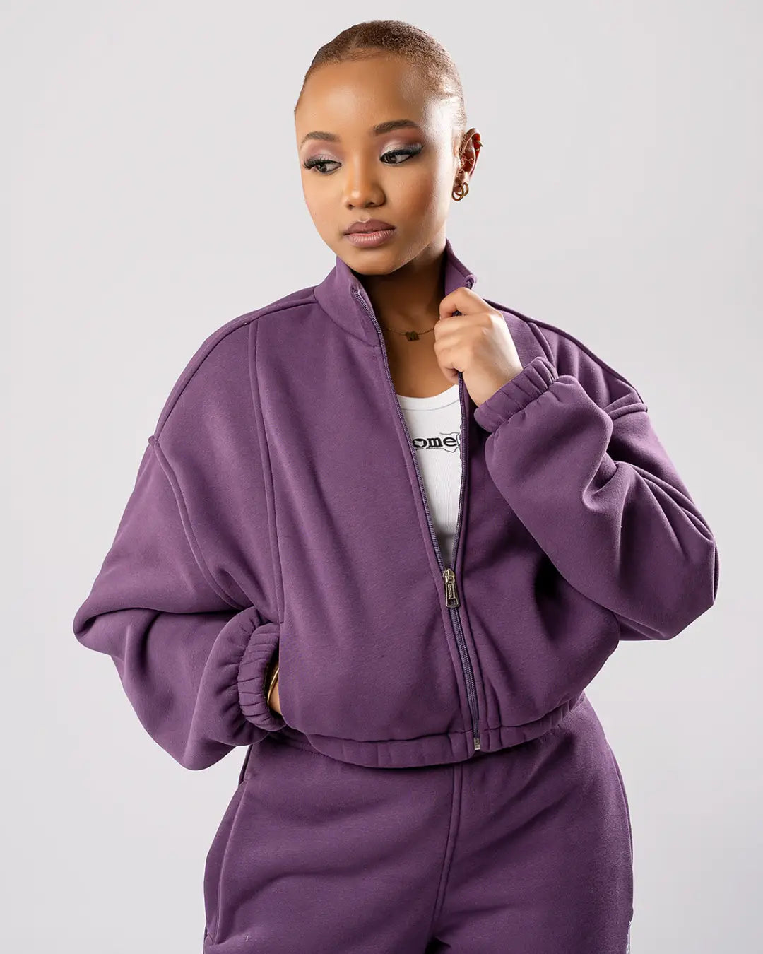 Moda Cropped Zip-Up Sweatshirt – Purple (Nuvetra Fabric)