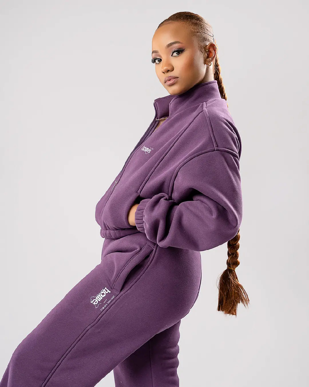 Moda Cropped Zip-Up Sweatshirt – Purple (Nuvetra Fabric)