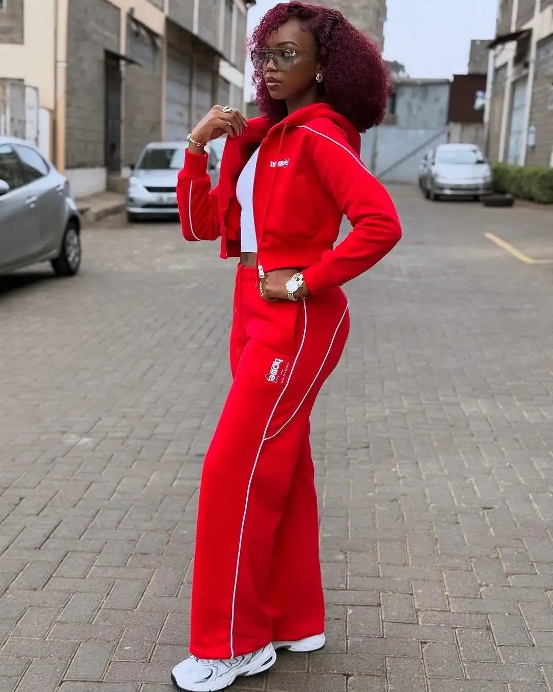 Cherie Cropped Zipped Hoodie + Cherie Pants Matching Set - Red (Heavy Velvet Fabric)