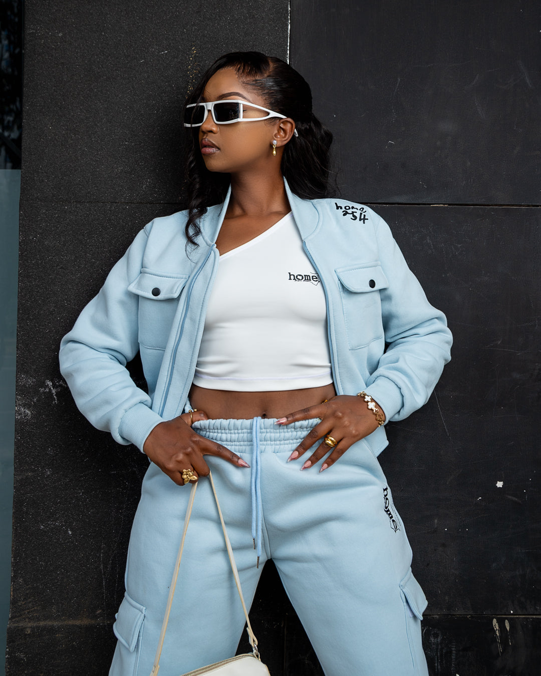 Sky Blue Cropped Kami Jacket + Maven Pants + White Cheeky Mushie Vest Set