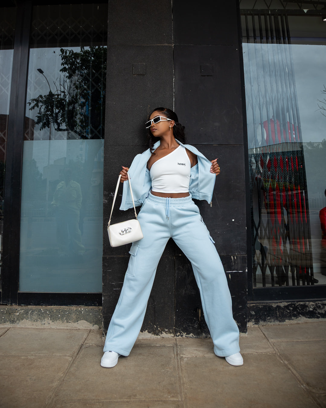 Sky Blue Cropped Kami Jacket + Maven Pants + White Cheeky Mushie Vest Set