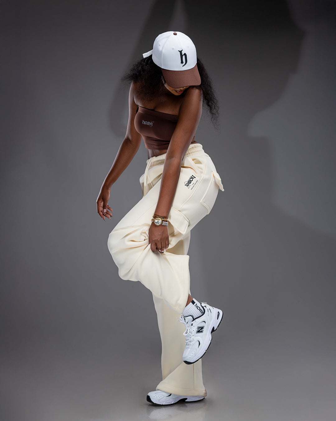 Dark Brown Cheeky Bandeau + Maven Pants + White & Brown Day Off Cap + Cotton Quarter Socks Set