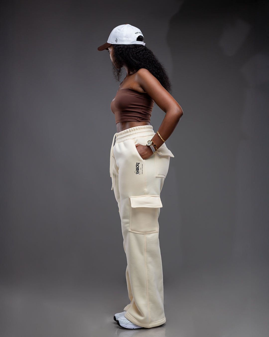 Dark Brown Cheeky Bandeau + Maven Pants + White & Brown Day Off Cap + Cotton Quarter Socks Set