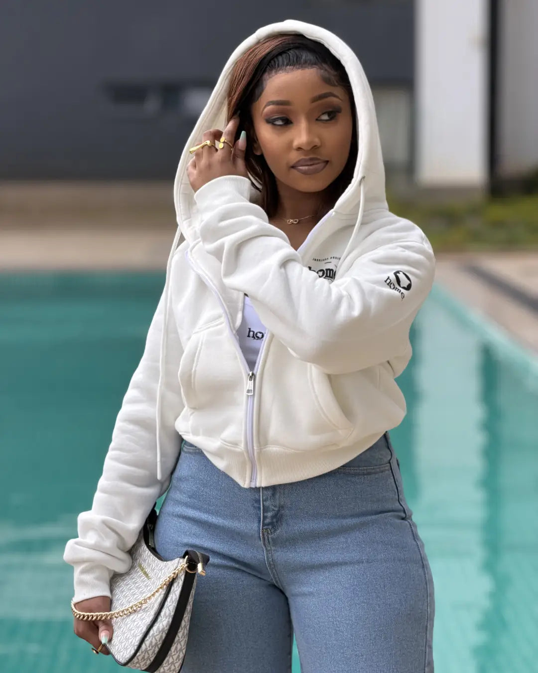 Crop Zip Up Hoodie – White (Heavy Fabric)
