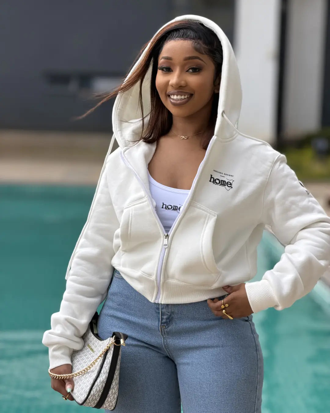 Crop Zip Up Hoodie – White (Heavy Fabric)
