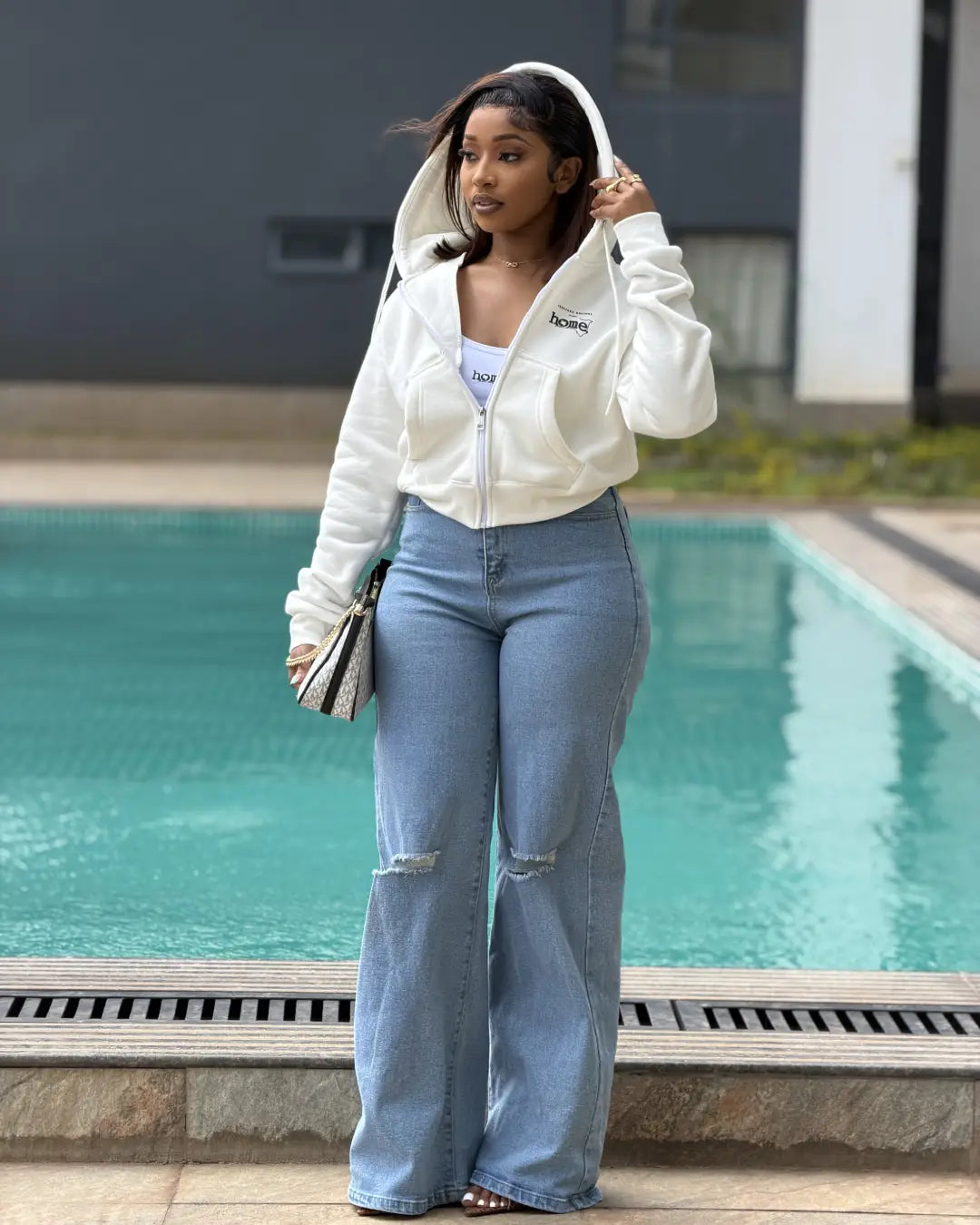 Crop Zip Up Hoodie – White (Heavy Fabric)