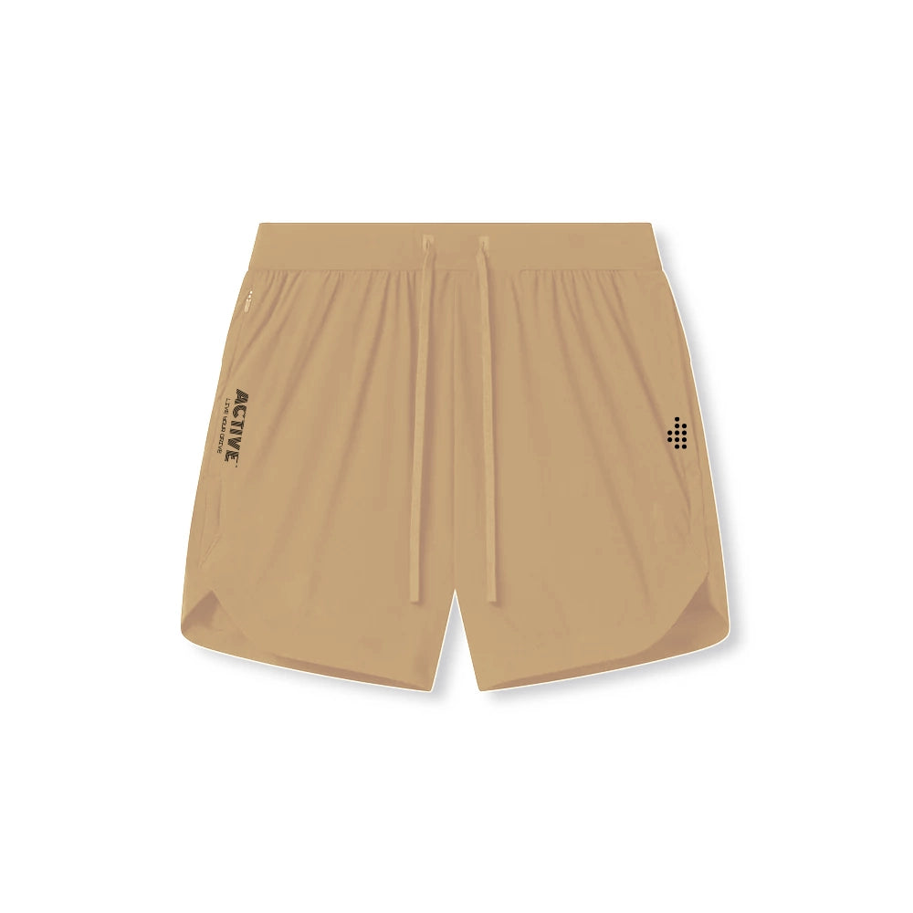 ACTIVE_254 - SAND BROWN AIR-LITE SHORTS (LINERLESS) WITH BLACK PRINTS