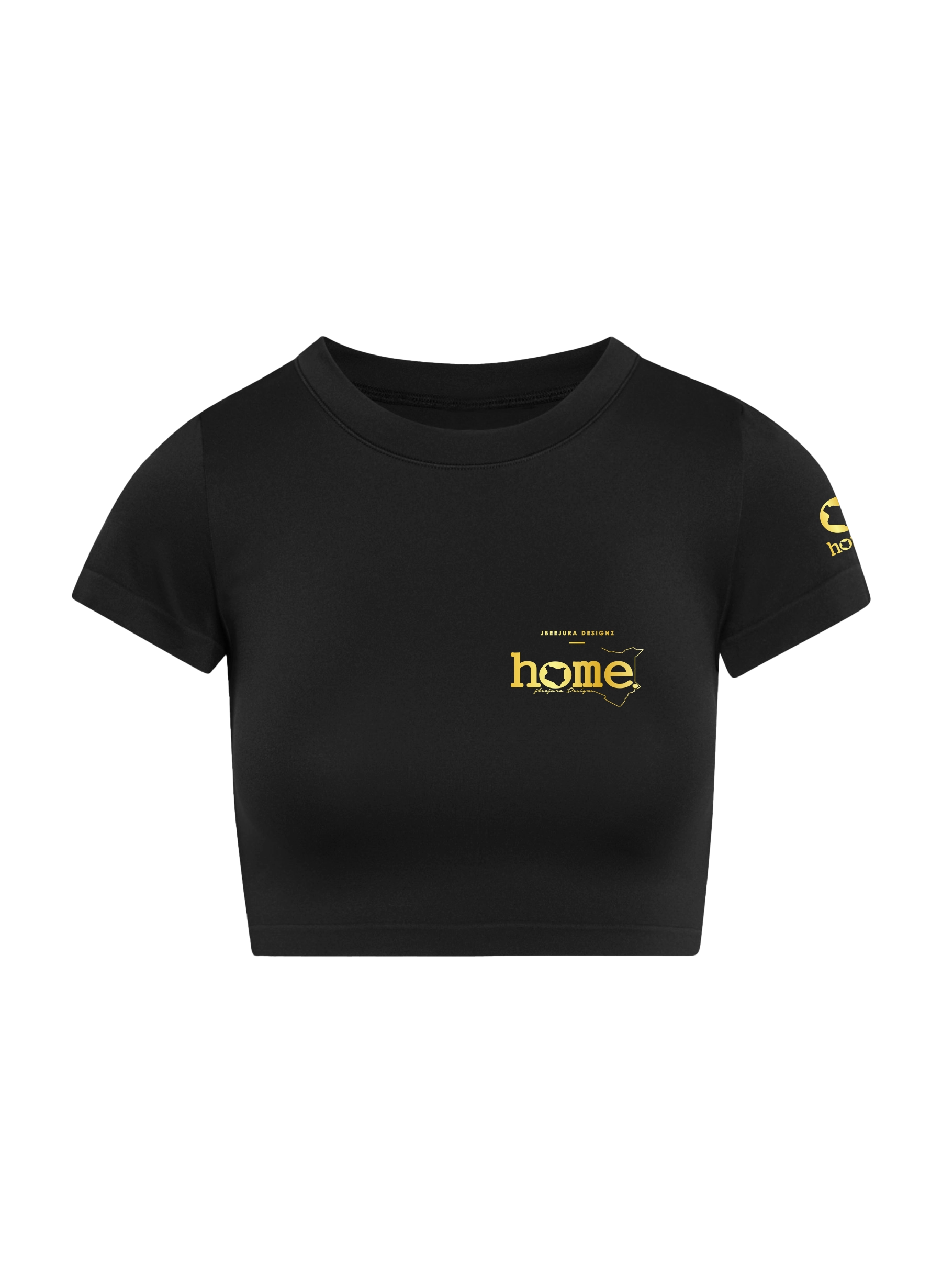 home_254 SHORT SLEEVED BLACK CROPPED ARIA TEE WITH A GOLD 3D WORDS PRINT 