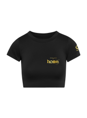 home_254 SHORT SLEEVED BLACK CROPPED ARIA TEE WITH A GOLD 3D WORDS PRINT 