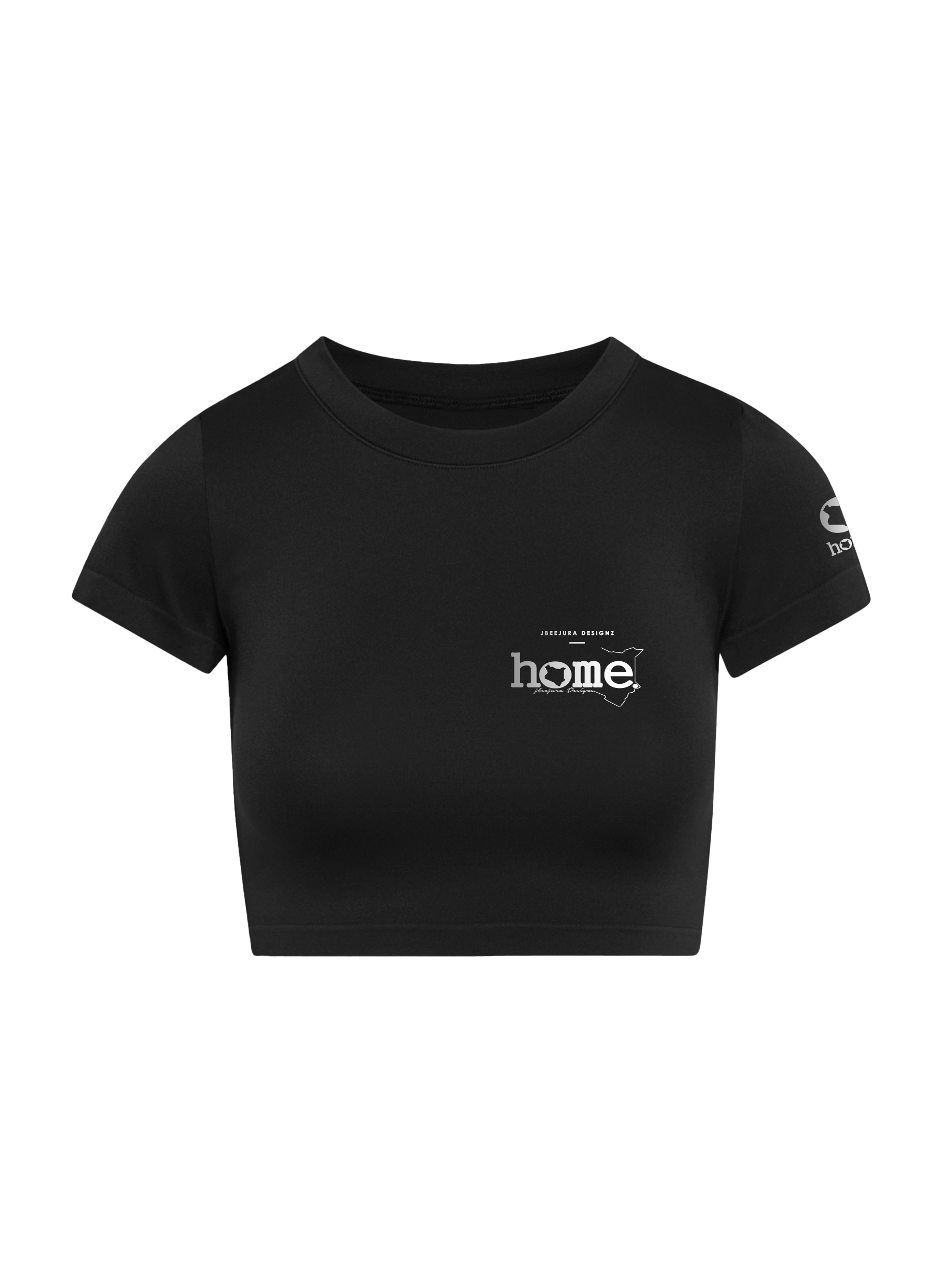 home_254 SHORT SLEEVED BLACK CROPPED ARIA TEE WITH A SILVER 3D WORDS PRINT 