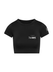 home_254 SHORT SLEEVED BLACK CROPPED ARIA TEE WITH A SILVER 3D WORDS PRINT 