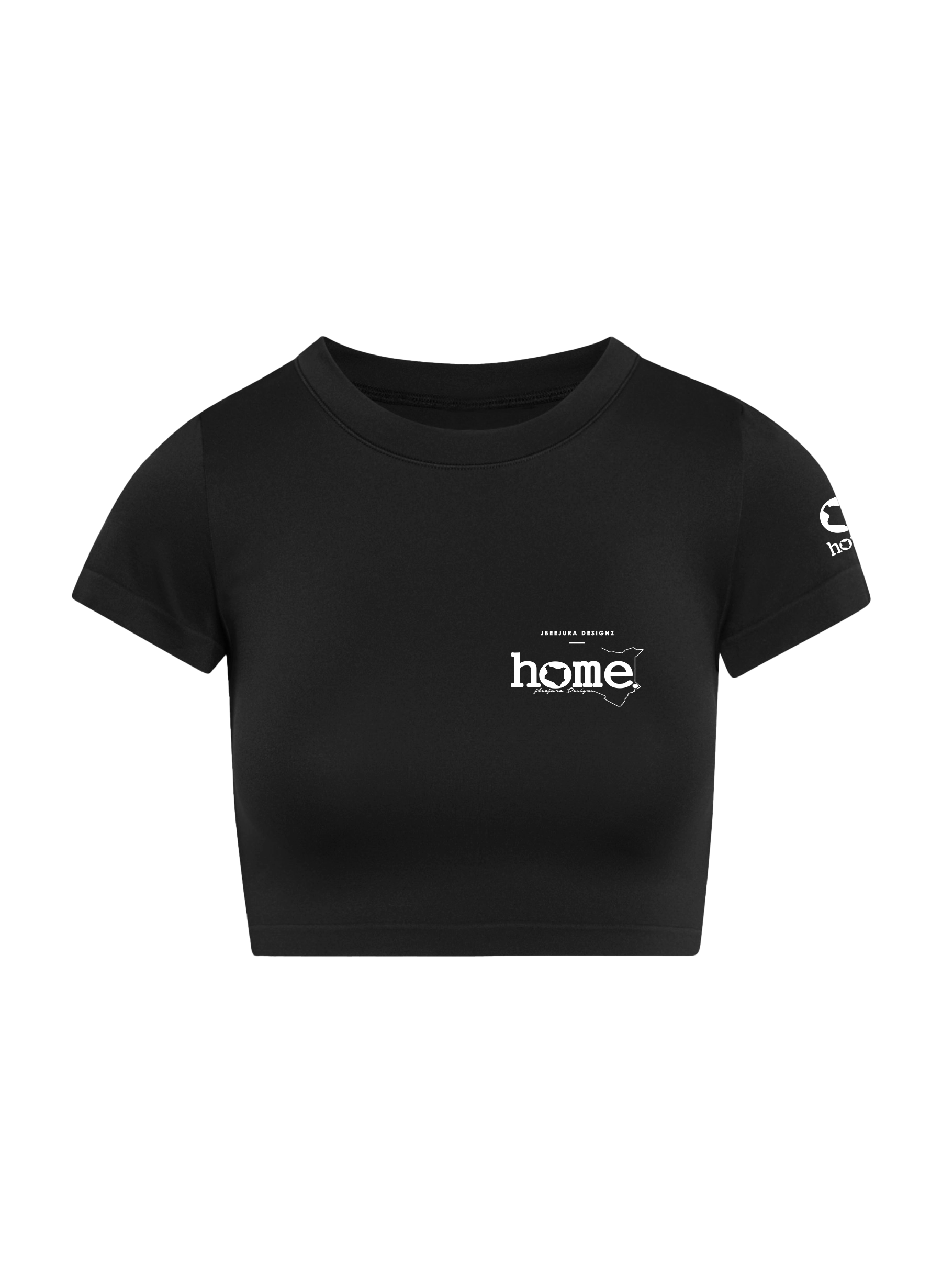 home_254 SHORT SLEEVED BLACK CROPPED ARIA TEE WITH A WHITE 3D WORDS PRINT 