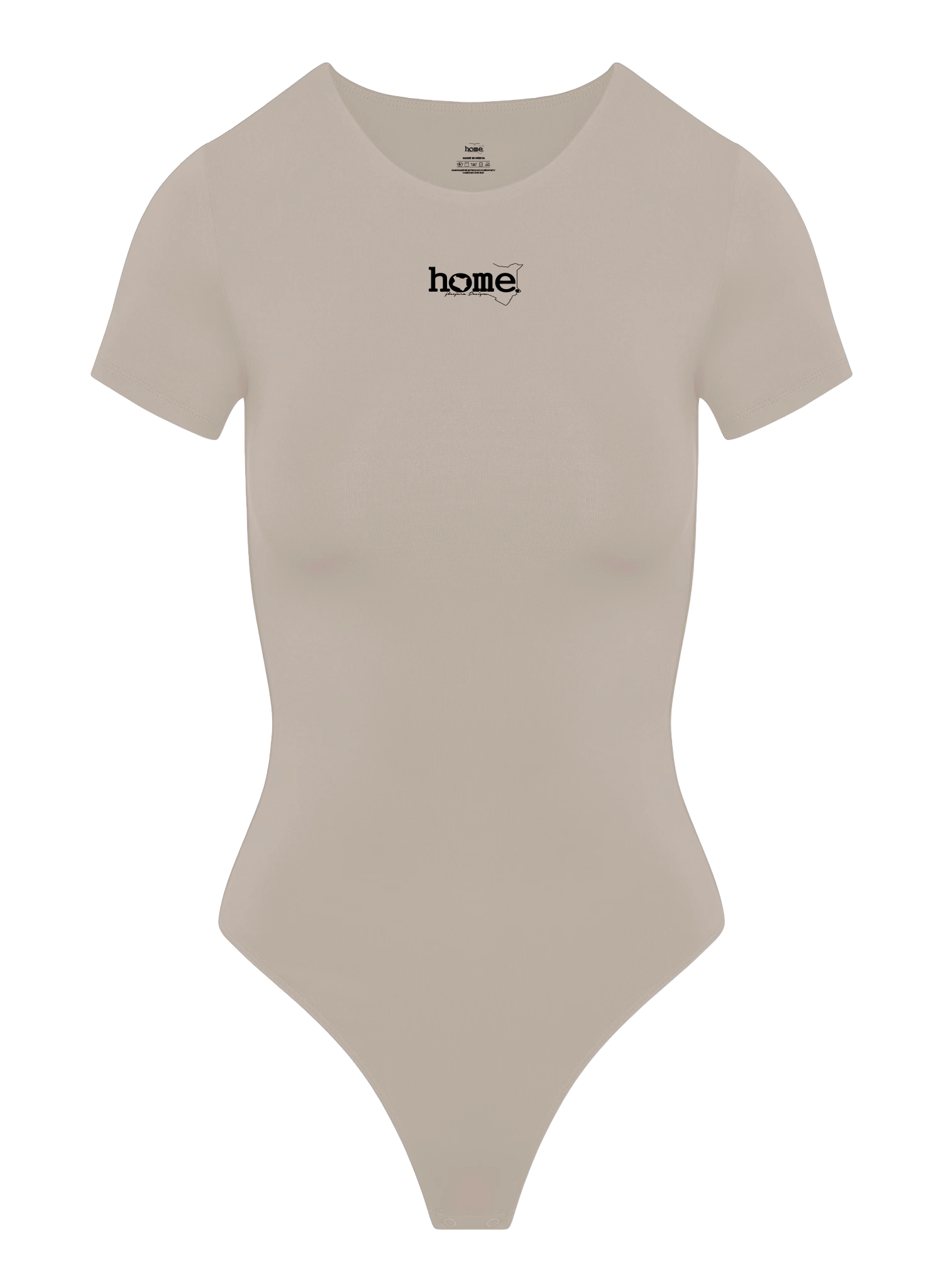 home_254 SCOOP NECK TAUPE BODYSUIT(SHORT SLEEVED) WITH A BLACK PRINT