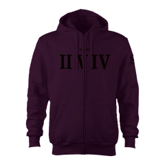 home_254 CLARET ZIP UP HOODIE (HEAVY FABRIC) WITH A BLACK ROMAN PRINT