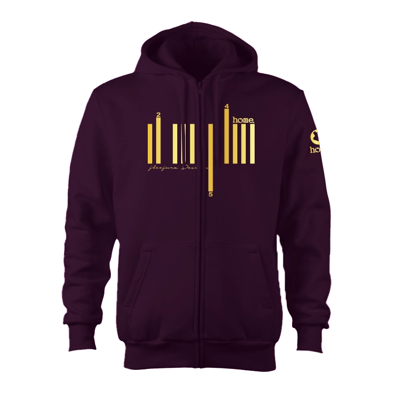 home_254 CLARET ZIP UP HOODIE (HEAVY FABRIC) WITH A GOLD BARS PRINT