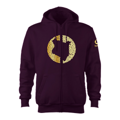 home_254 CLARET ZIP UP HOODIE (HEAVY FABRIC) WITH A GOLD MAP PRINT