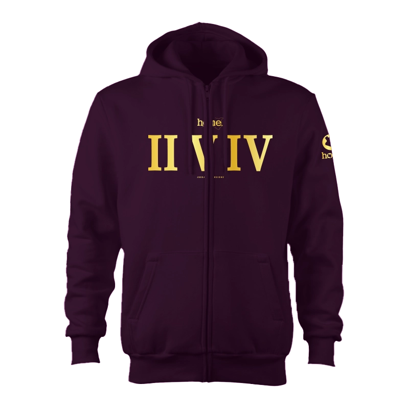 home_254 CLARET ZIP UP HOODIE (HEAVY FABRIC) WITH A GOLD ROMAN PRINT