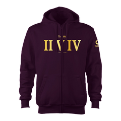 home_254 CLARET ZIP UP HOODIE (HEAVY FABRIC) WITH A GOLD ROMAN PRINT