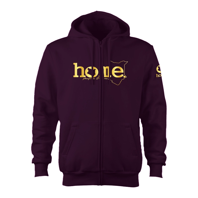 home_254 CLARET ZIP UP HOODIE (HEAVY FABRIC) WITH A GOLD WORDS PRINT