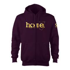 home_254 CLARET ZIP UP HOODIE (HEAVY FABRIC) WITH A GOLD WORDS PRINT