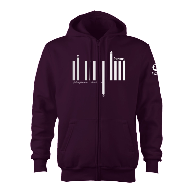 home_254 CLARET ZIP UP HOODIE (HEAVY FABRIC) WITH A SILVER BARS PRINT