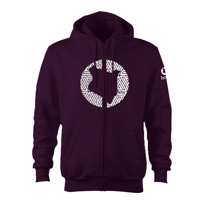 home_254 CLARET ZIP UP HOODIE (HEAVY FABRIC) WITH A SILVER MAP PRINT