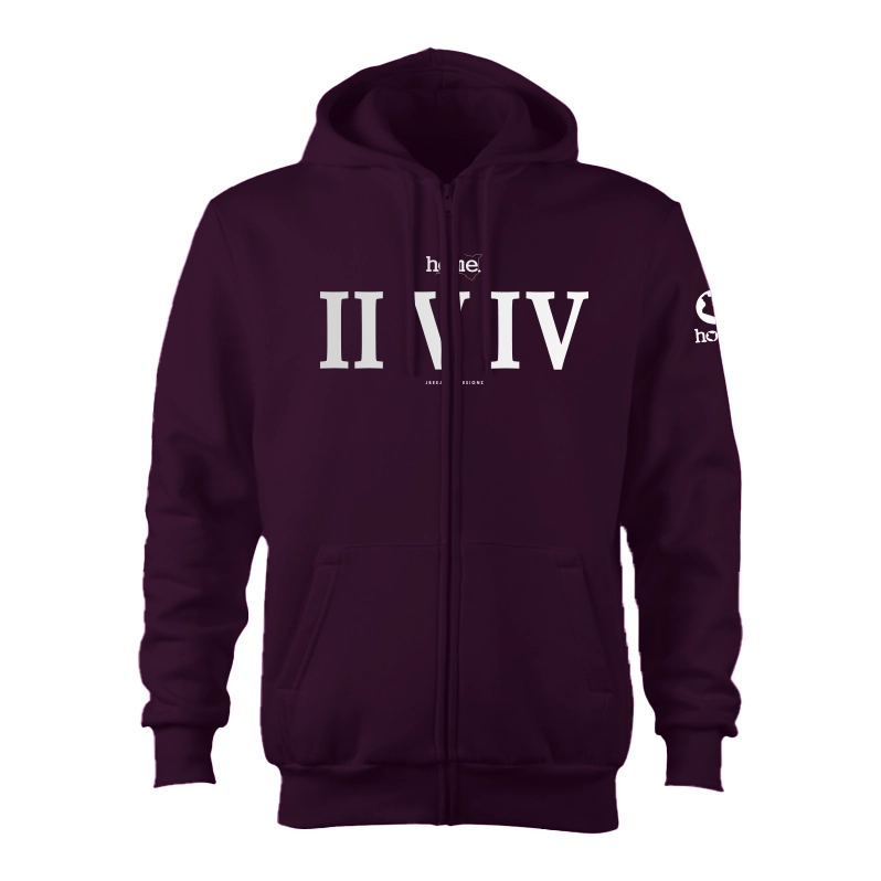 home_254 CLARET ZIP UP HOODIE (HEAVY FABRIC) WITH A SILVER ROMAN PRINT