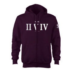 home_254 CLARET ZIP UP HOODIE (HEAVY FABRIC) WITH A SILVER ROMAN PRINT