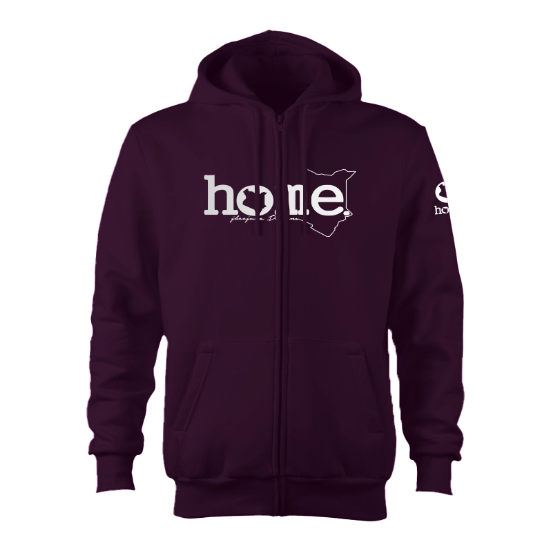 home_254 CLARET ZIP UP HOODIE (HEAVY FABRIC) WITH A SILVER WORDS PRINT