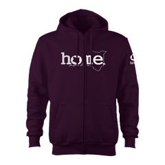 home_254 CLARET ZIP UP HOODIE (HEAVY FABRIC) WITH A SILVER WORDS PRINT