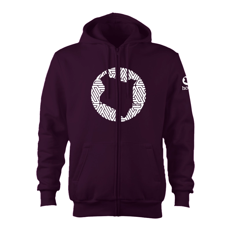 home_254 CLARET ZIP UP HOODIE (HEAVY FABRIC) WITH A WHITE MAP PRINT