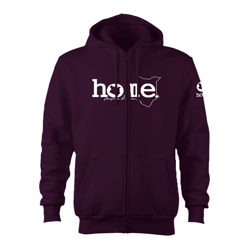 home_254 CLARET ZIP UP HOODIE (HEAVY FABRIC) WITH A WHITE WORDS PRINT