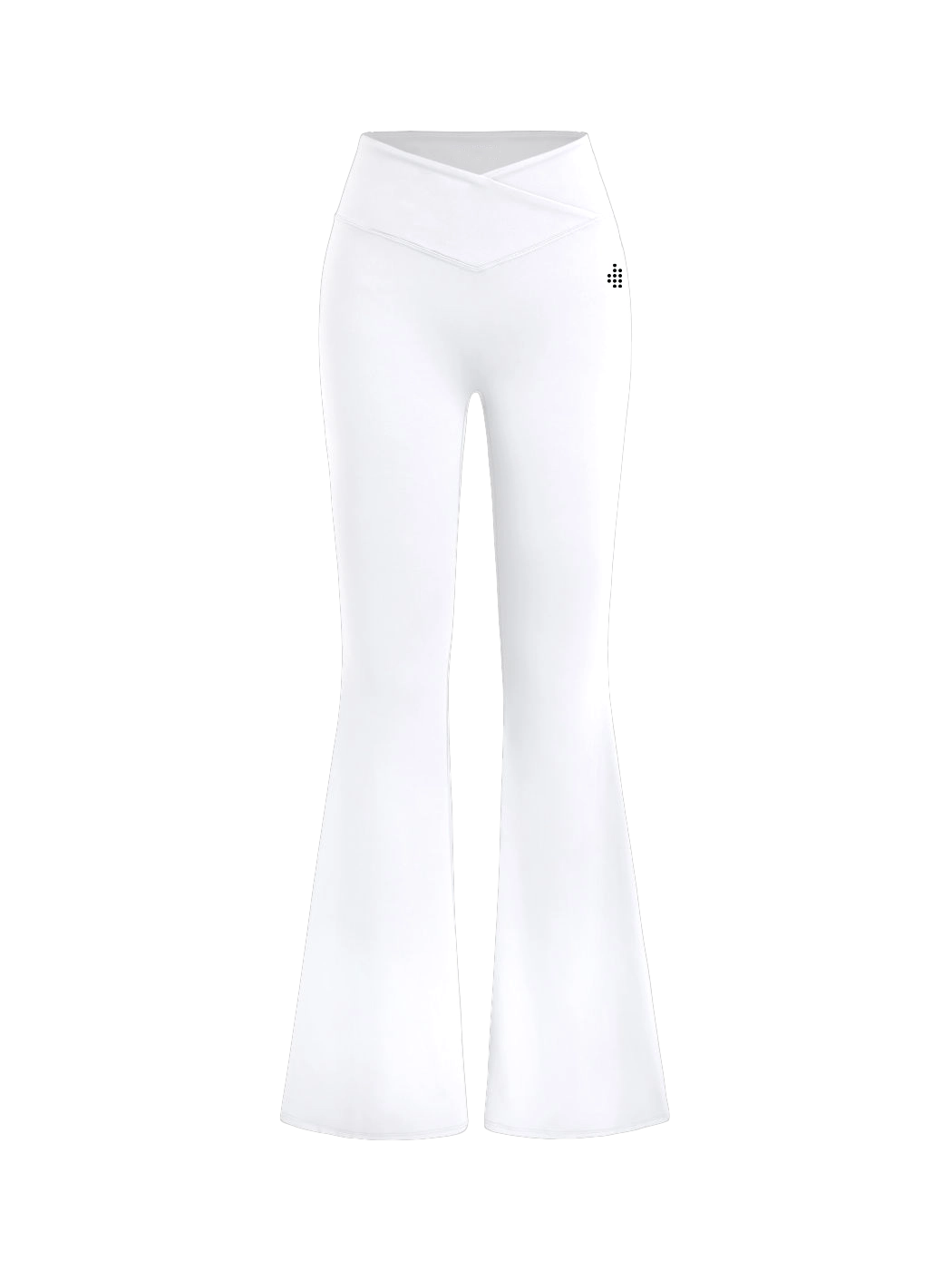 home_254 CROSS-WAIST FLARED LEGGINGS – WHITE WITH A BLACK PRINT