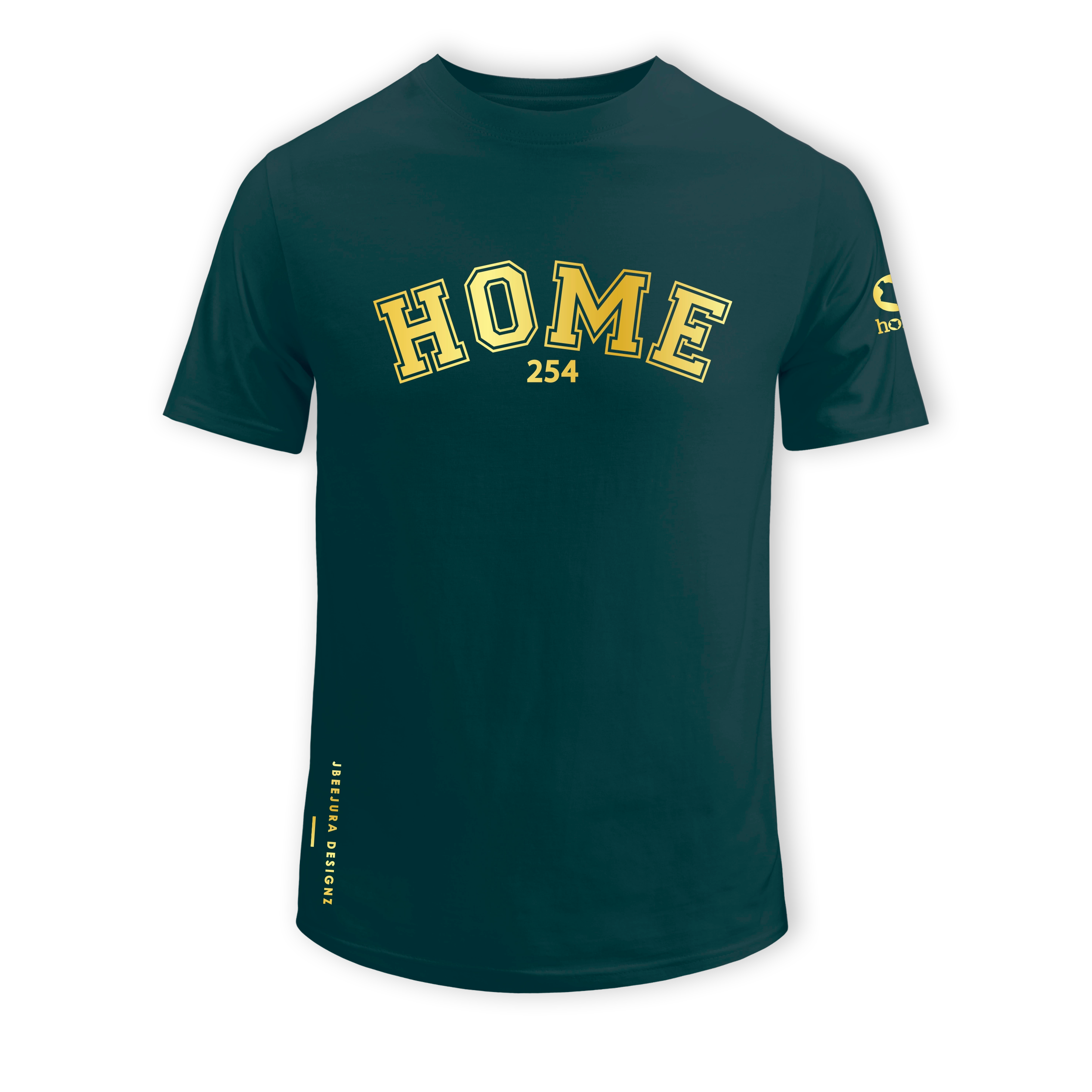 home_254 SHIRT-SLEEVED DEEP AQUA COLLEGE TEE WITH A GOLD PRINT 